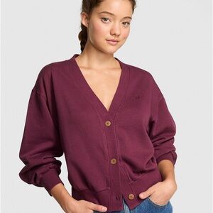 PINK Victoria's Secret campus fleece cropped Maroon burgundy Button-Up Cardigan